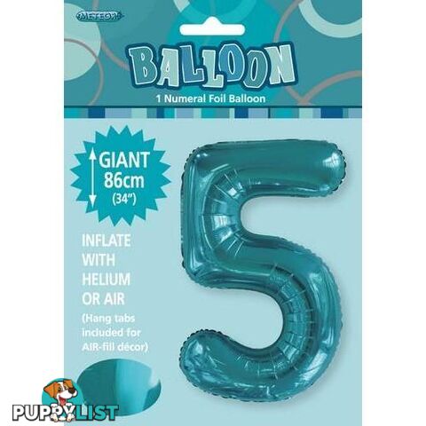 Caribbean Teal 5 Numeral Foil Balloon 86cm (34) - 9311965506355