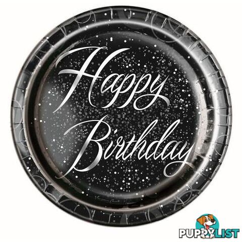 Glitz Silver Happy Birthday 8 x 23cm (9) Foil Stamped Paper Plates - 011179574858