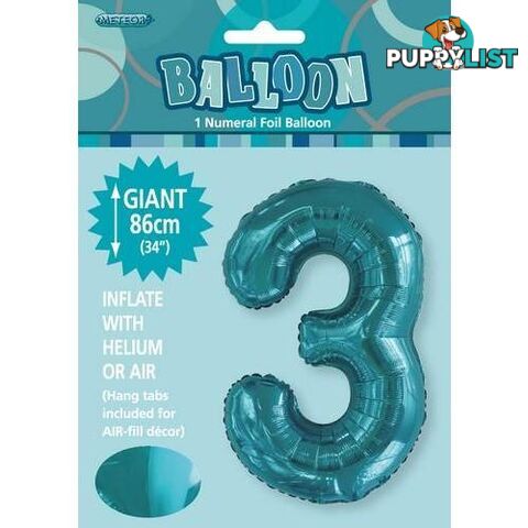 Caribbean Teal 3 Numeral Foil Balloon 86cm (34) - 9311965506331