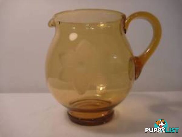 Amber Glass Jug with etched flowers