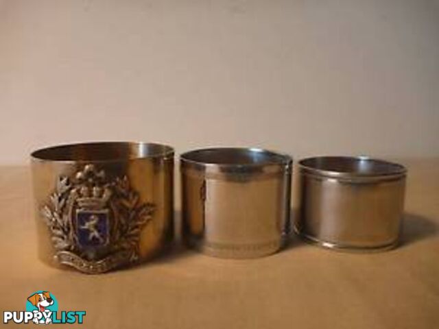 3 Napkin rings. EPNS, Trench art and Stainless steel