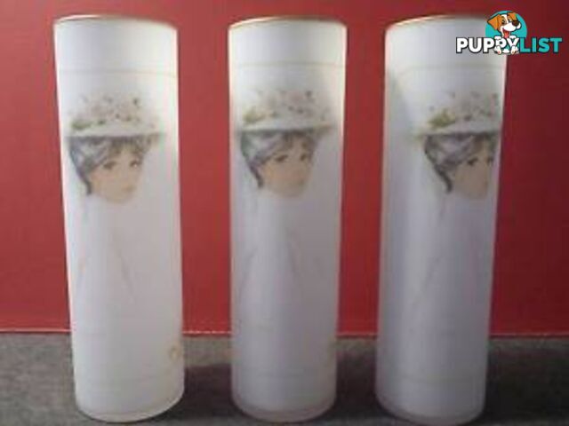 3 Japan Frosted Glass Vases, Painted dark haired Victorian Lady