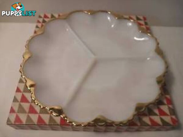 Milk Glass Divided Dish with gold edging