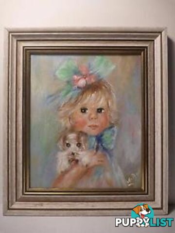 Small girl with dog, original oil , signed Lilli**NOW 20% OFF**