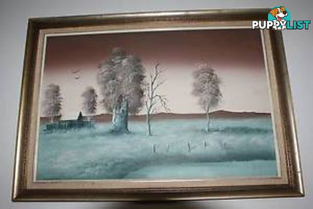 Signed Oil painting Raymond, country scene in teal **NOW 20%OFF**