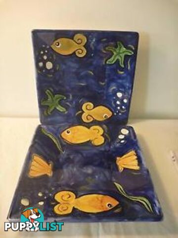 2 large square hand-painted platters with fish