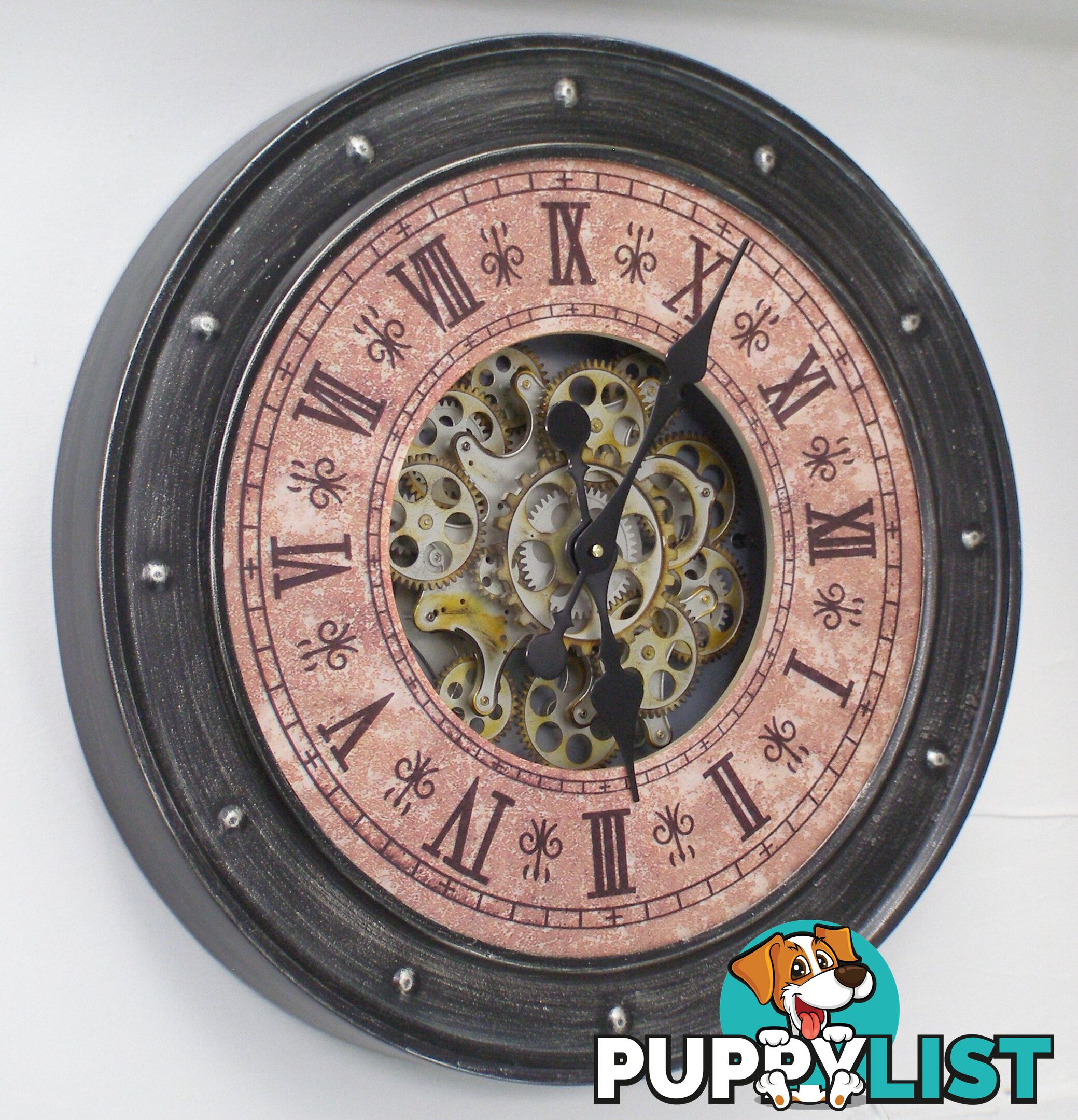 Large 60 Cm Classic Antique Look Metal Wall Clock W/ Exposed Decorative Moving Gears