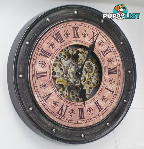 Large 60 Cm Classic Antique Look Metal Wall Clock W/ Exposed Decorative Moving Gears