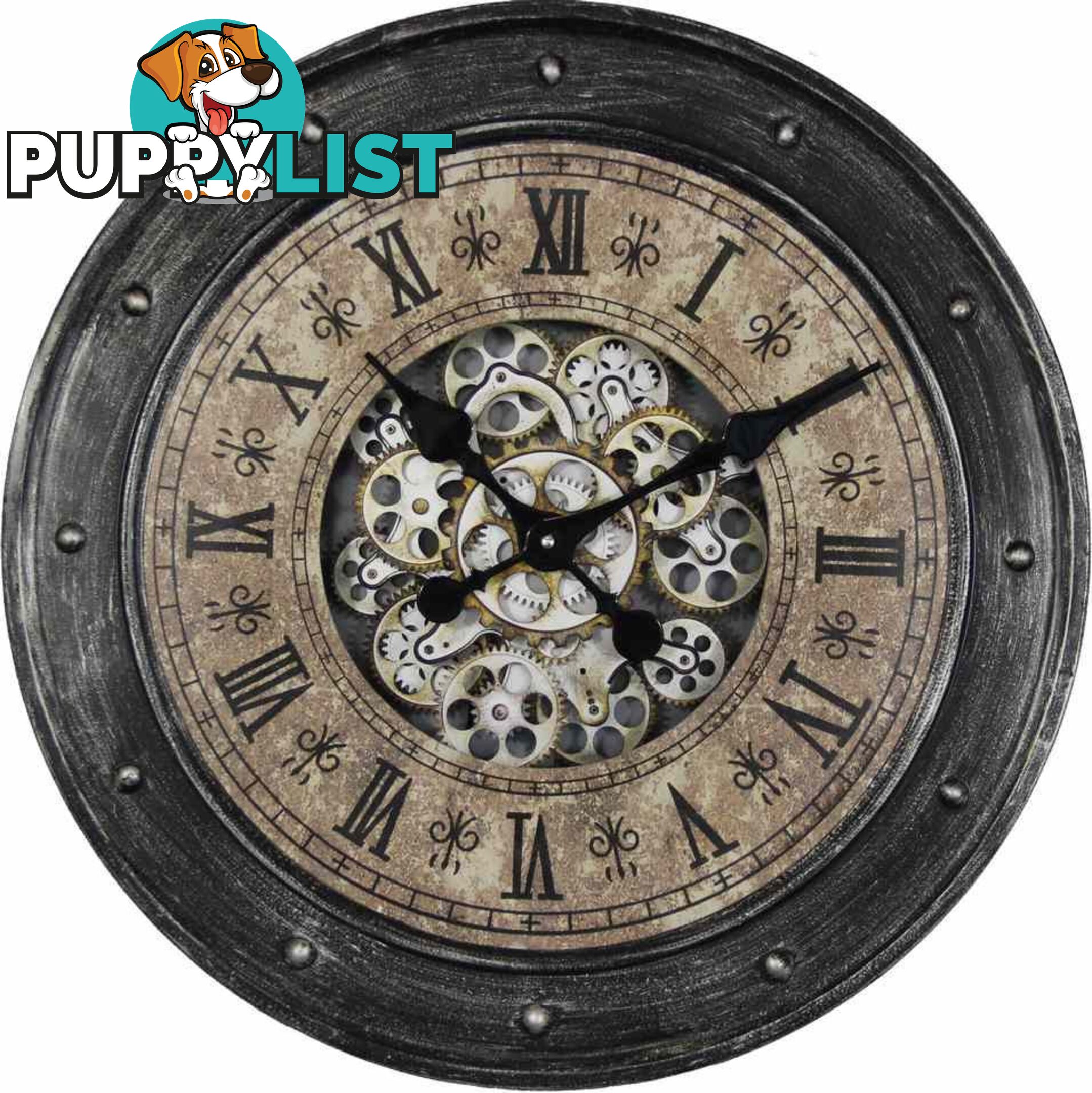 Large 60 Cm Classic Antique Look Metal Wall Clock W/ Exposed Decorative Moving Gears