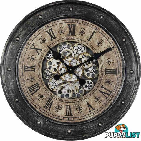 Large 60 Cm Classic Antique Look Metal Wall Clock W/ Exposed Decorative Moving Gears