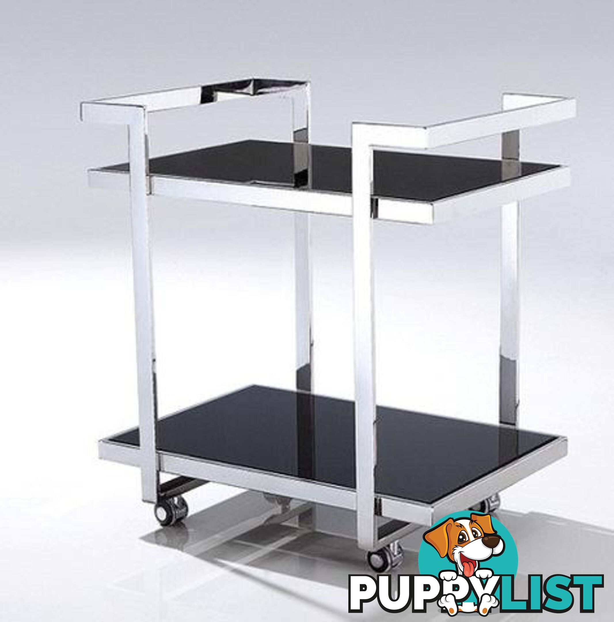 Fyda Pollished Stainless Steel Trolley With Black Tempered Glass.