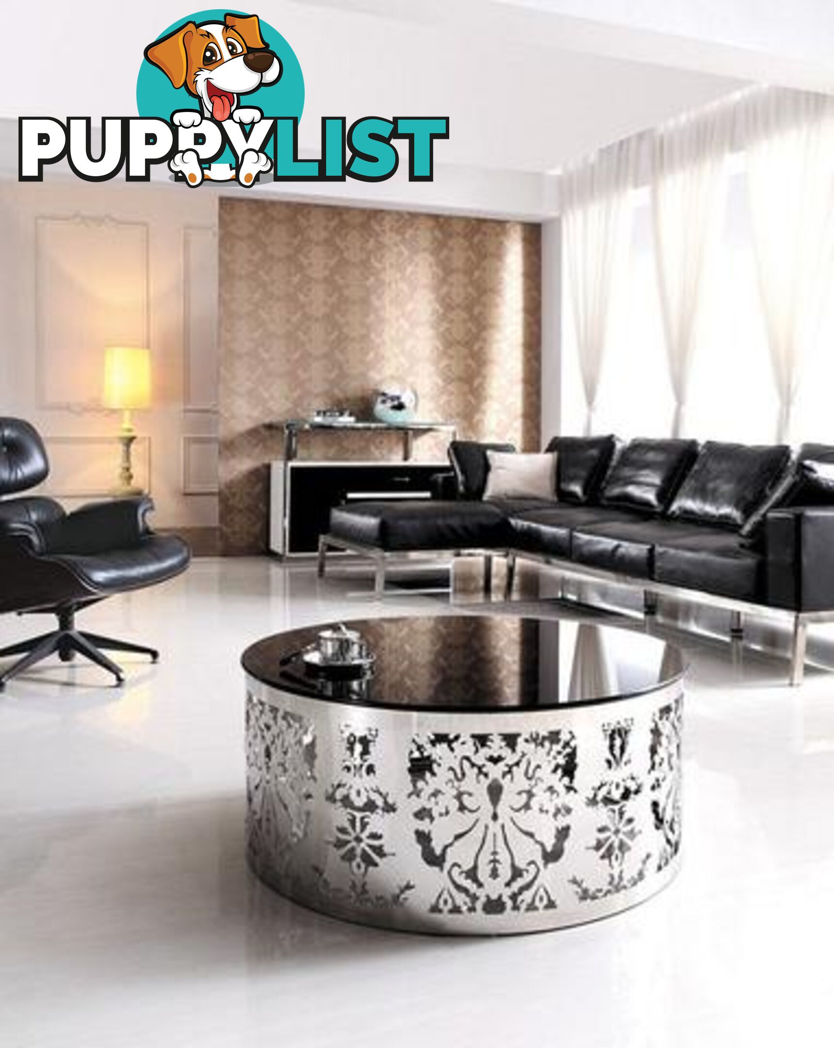 Timeless Polished Stainless Steel Round Coffee Table With Black Tempered Glass.