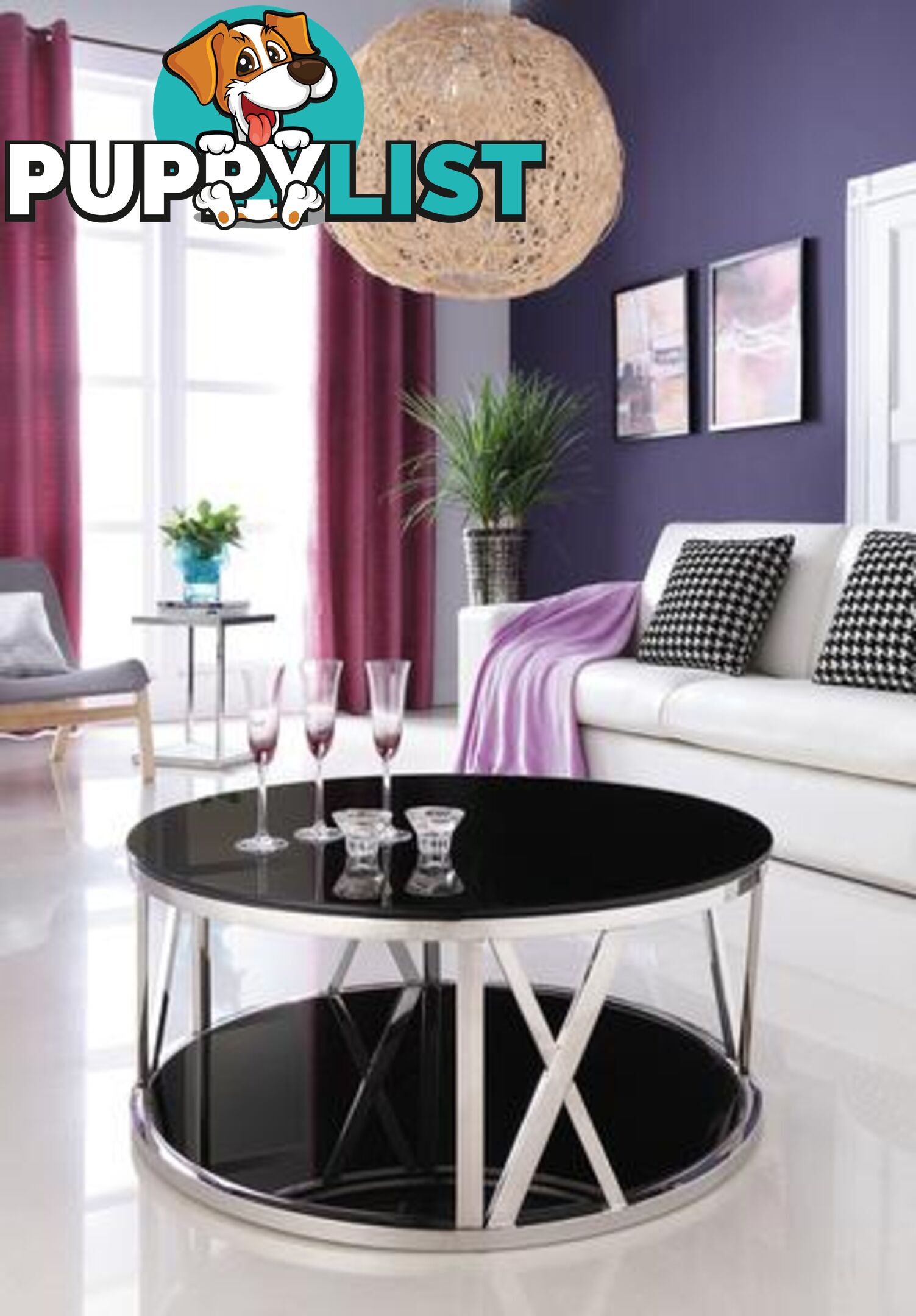 Kavir Polished Stainless Steel Round Coffee Table With Black Tempered Glass.