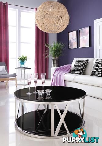 Kavir Polished Stainless Steel Round Coffee Table With Black Tempered Glass.