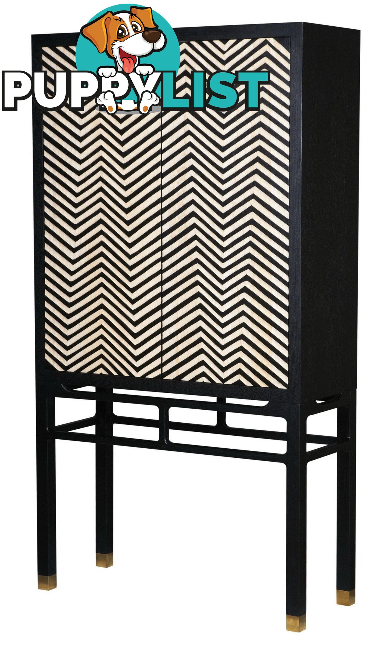 Zig Zag Carved Black Cabinet, Copper Feet