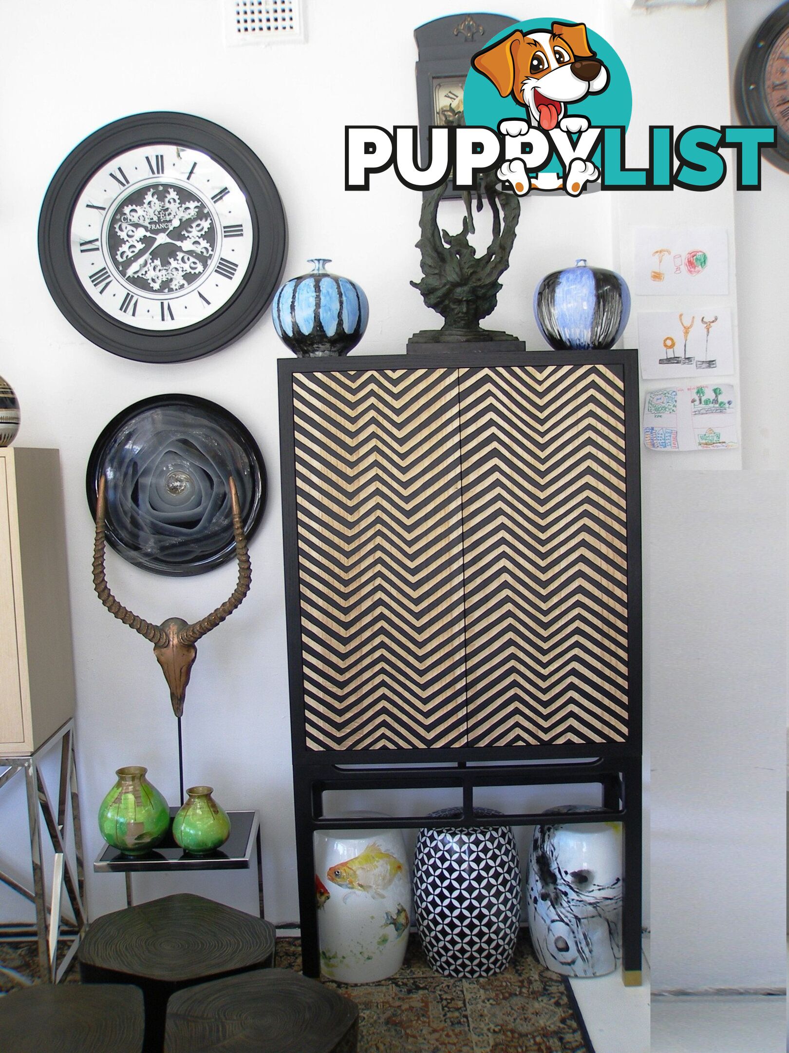 Zig Zag Carved Black Cabinet, Copper Feet