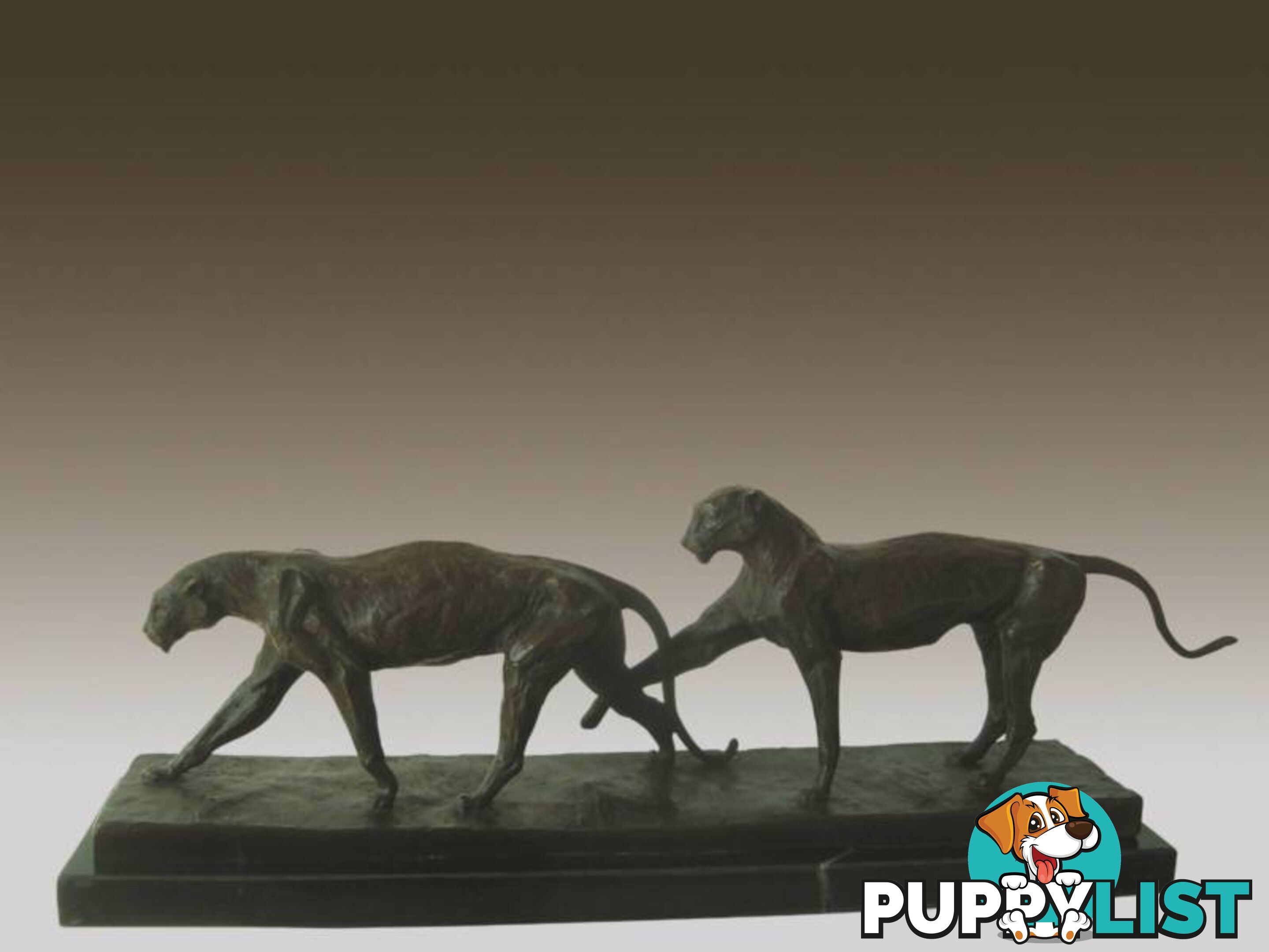 Two Wild Cat Bronze And Marble Sculpture Deco