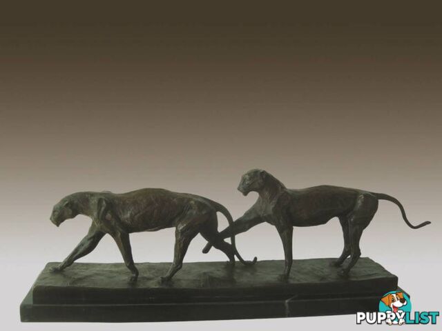 Two Wild Cat Bronze And Marble Sculpture Deco