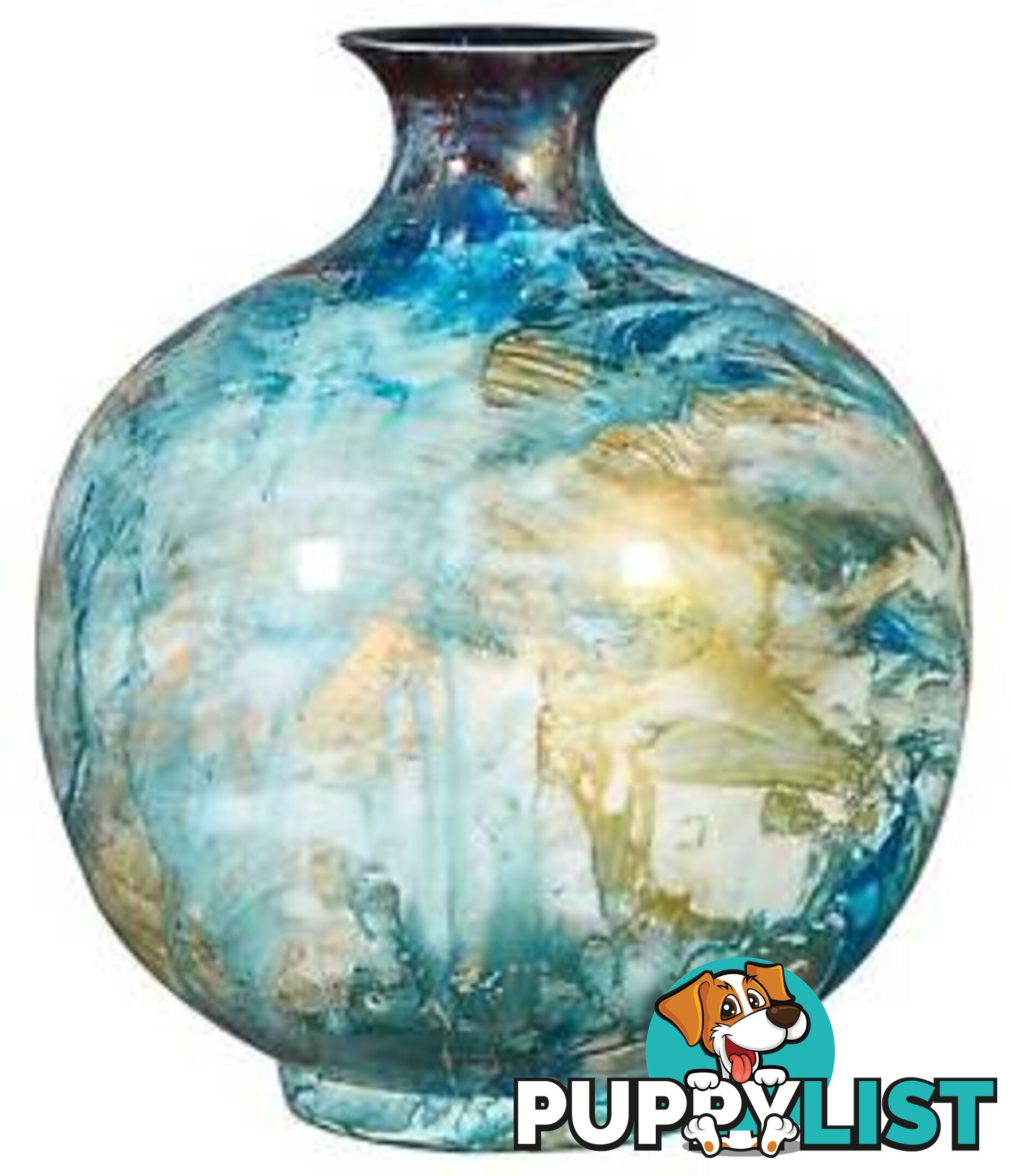 Wide Mouth Sphere Hand Painted Vase: Golden Seas