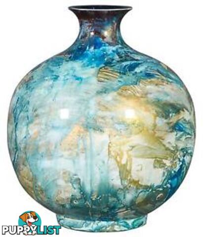 Wide Mouth Sphere Hand Painted Vase: Golden Seas