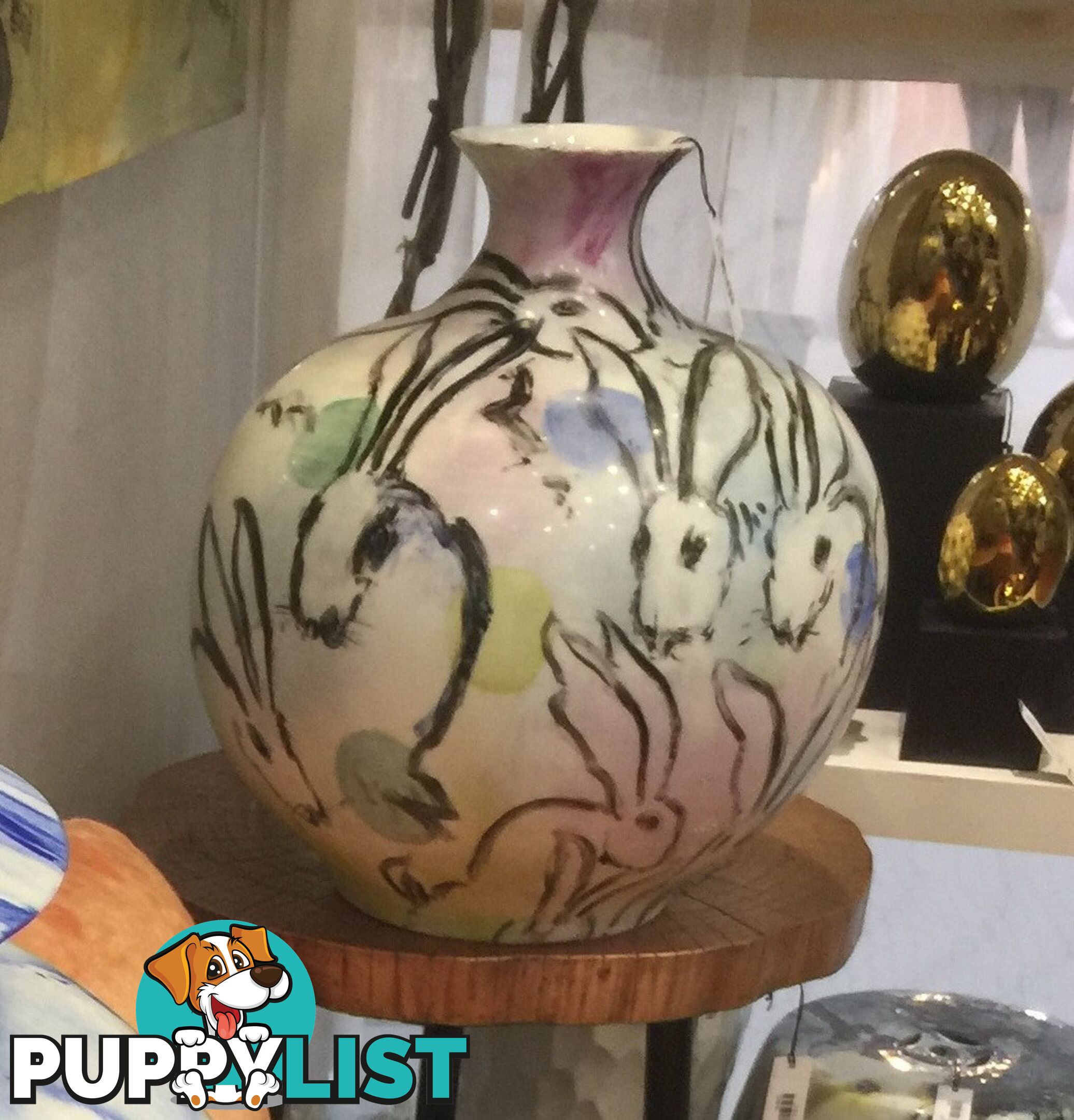 Large Vintage Handpainted Vase: Rabbits