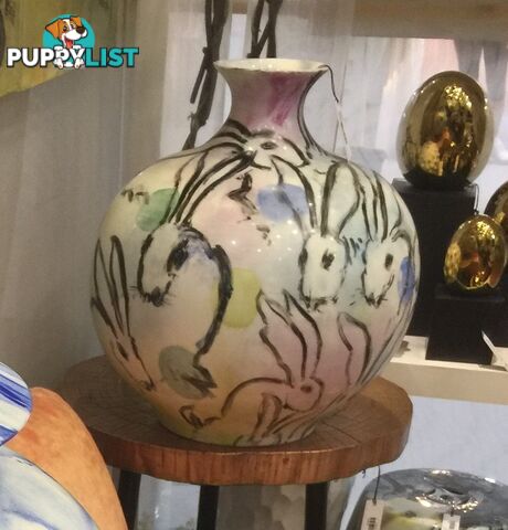 Large Vintage Handpainted Vase: Rabbits