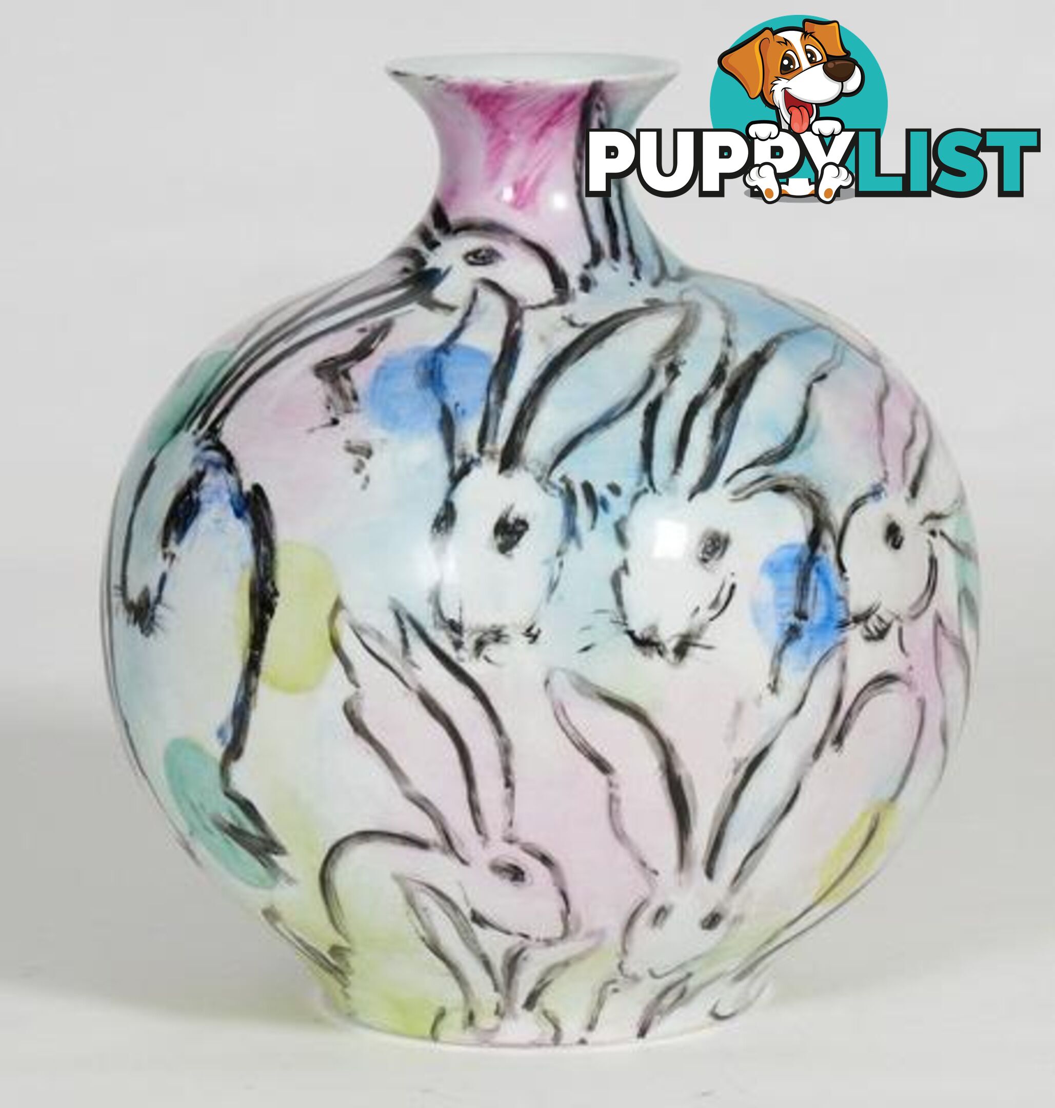 Large Vintage Handpainted Vase: Rabbits