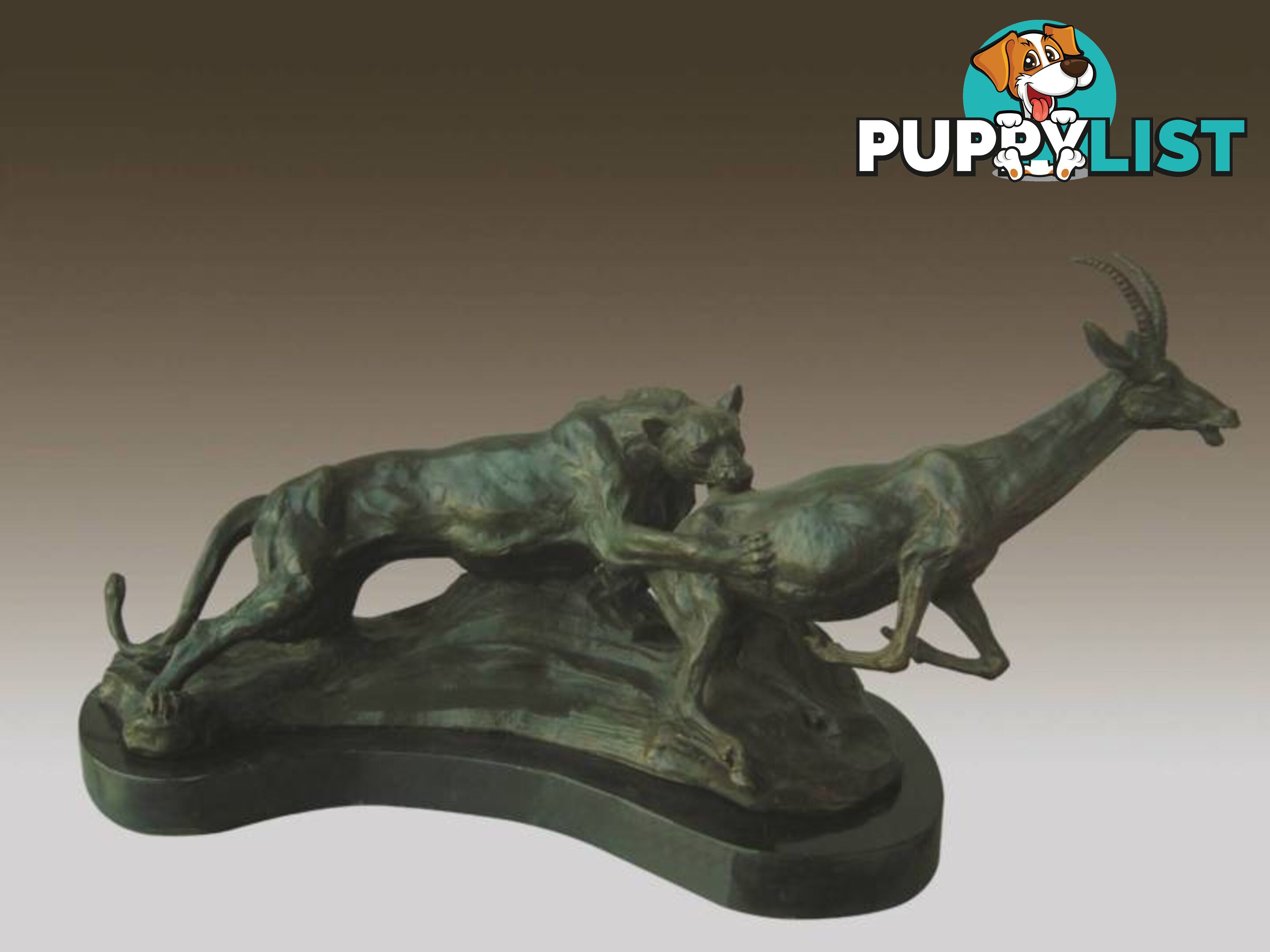 Wild Cat And Ibex Bronze And Marble Sculpture