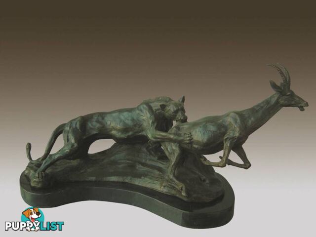 Wild Cat And Ibex Bronze And Marble Sculpture