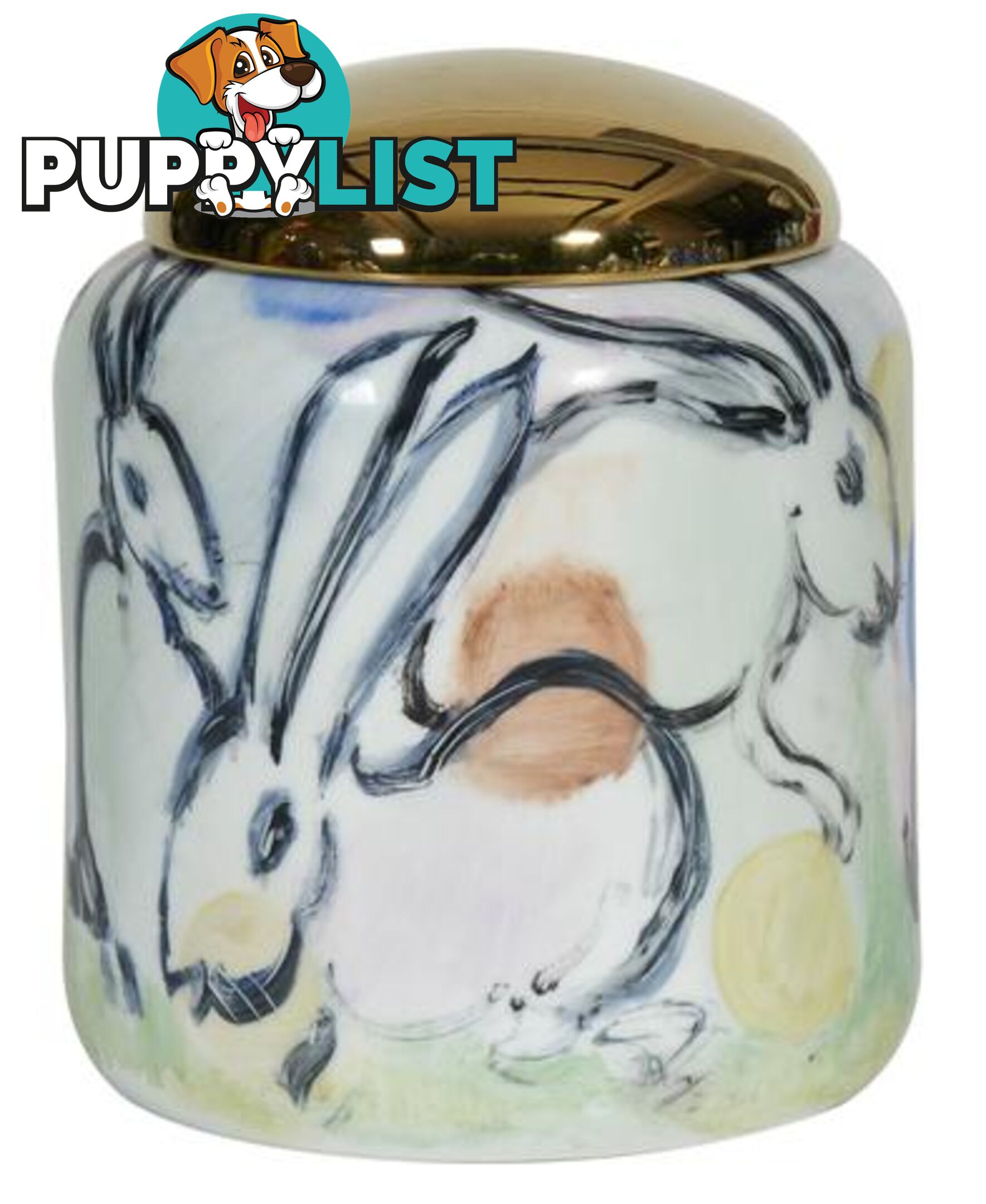 Large Golden Lid Container: Handpainted Rabbits