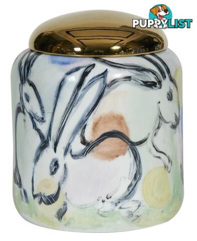 Large Golden Lid Container: Handpainted Rabbits