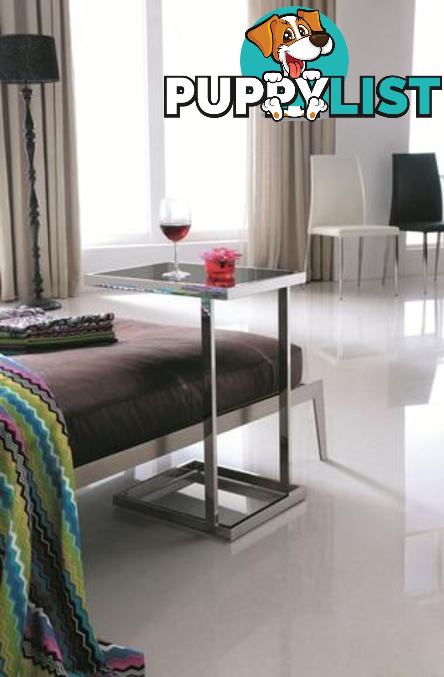 Stella Pollished Stainless Steel Side Table With Black Tempered Glass.