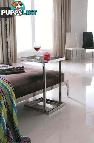 Stella Pollished Stainless Steel Side Table With Black Tempered Glass.