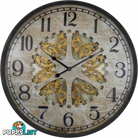 Large 60 Cm Antique Metal Wall Clock W/ Exposed Decorative Moving Gears