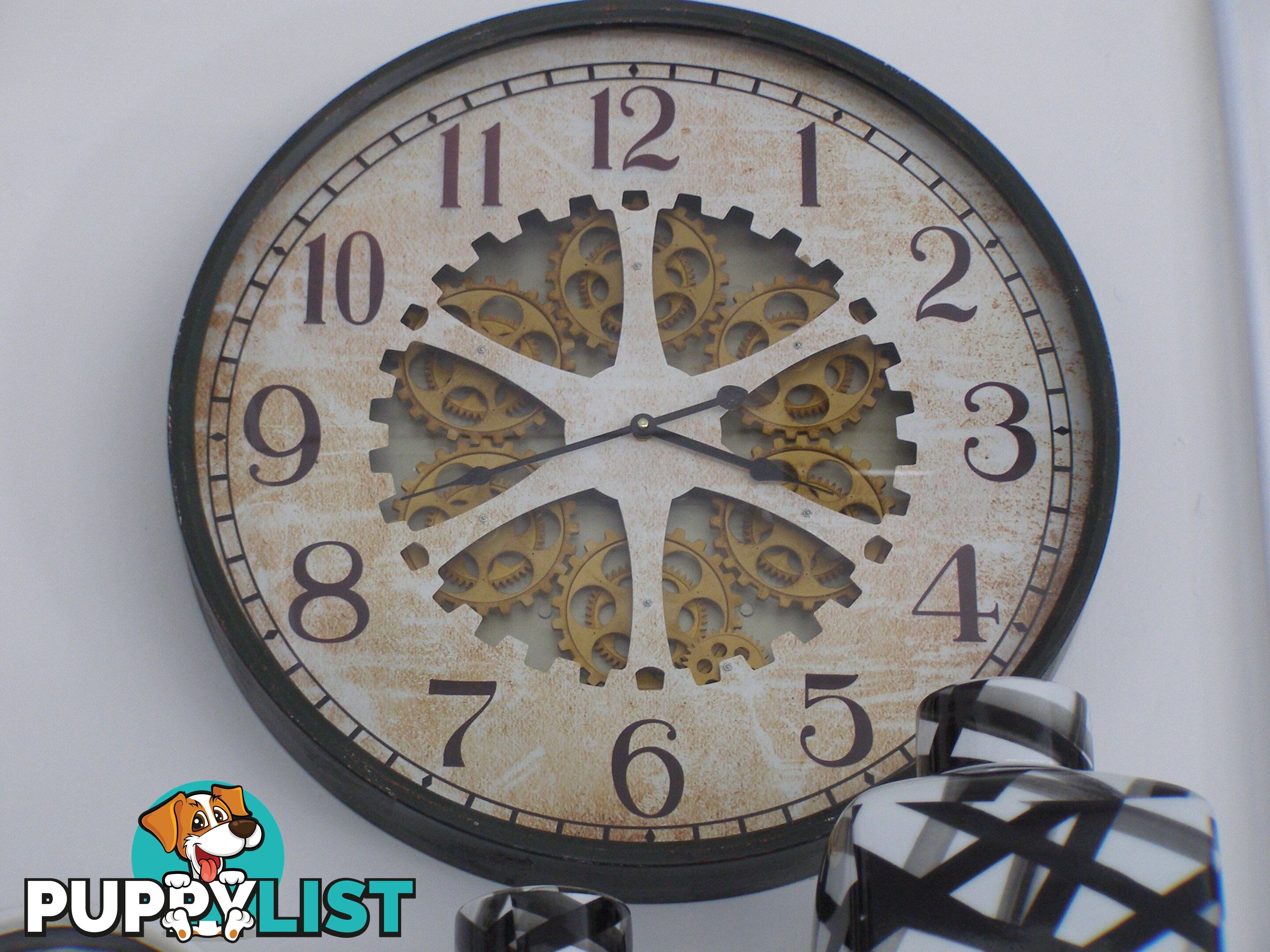 Large 60 Cm Antique Metal Wall Clock W/ Exposed Decorative Moving Gears