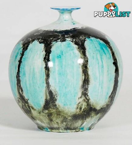 Vintage Handpainted Round Vase With Open Mouth :Black And Light