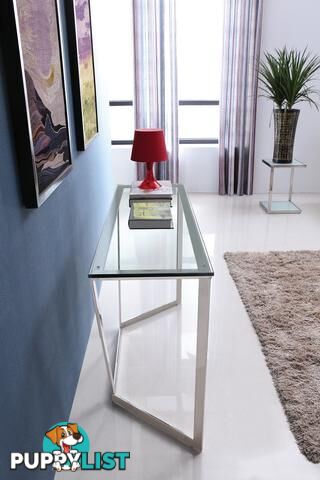 Elegant Stainless Steel Console With Clear Glass Top.