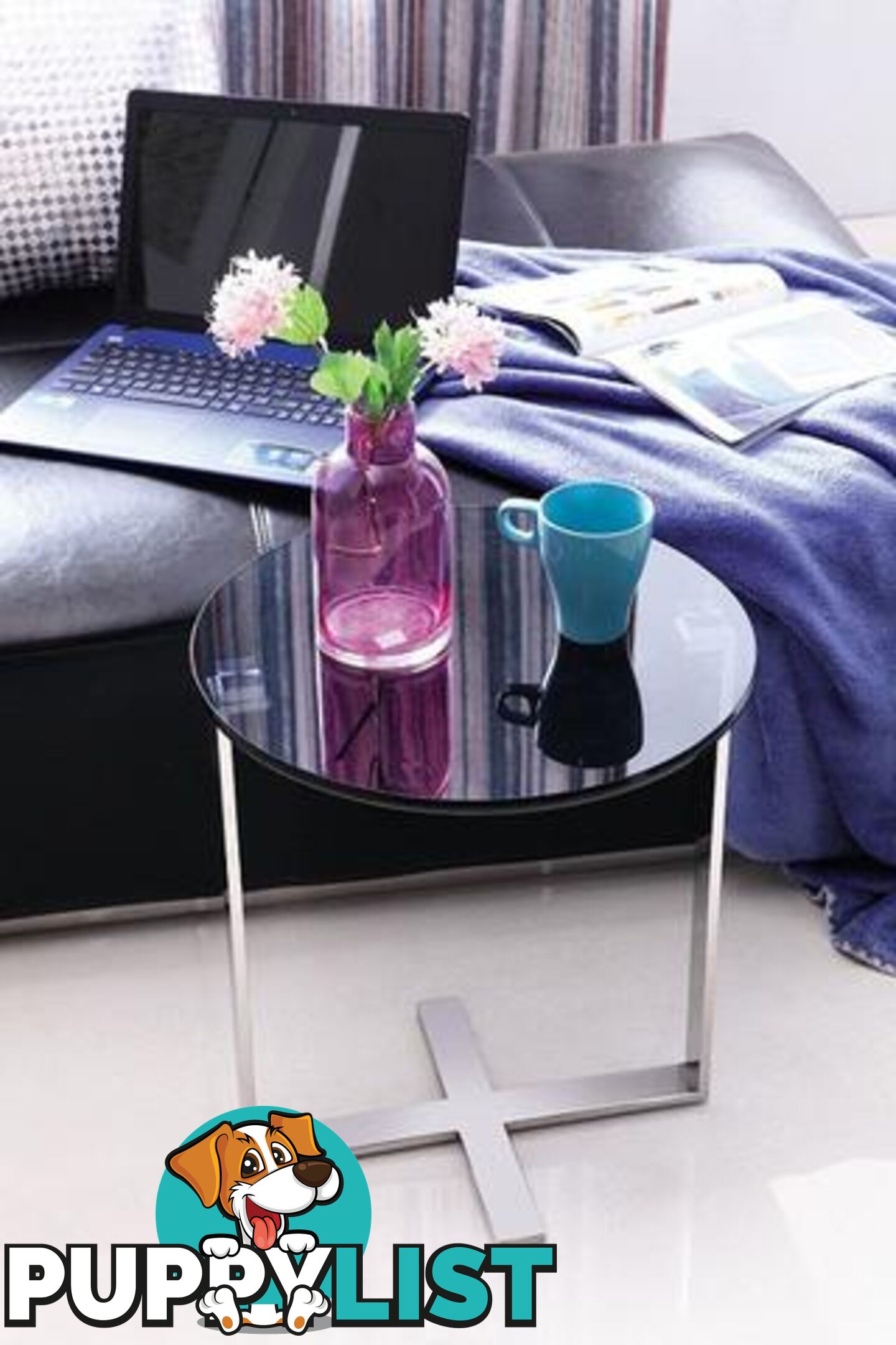 Sari Pollished Stainless Steel End Table With Black Tempered Glass.