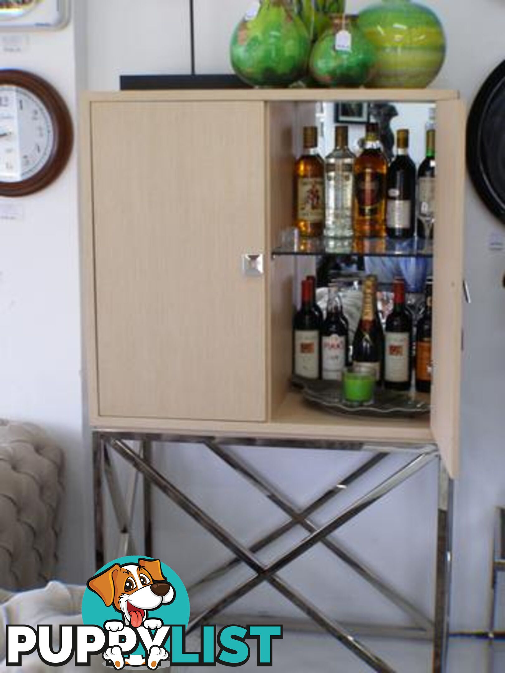 Square Oak Cabinet With Crossed Stainless Steel Legs