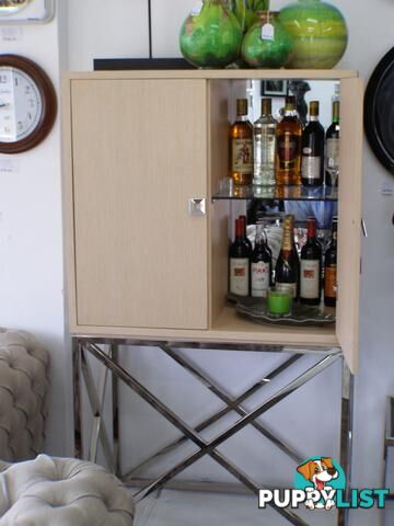 Square Oak Cabinet With Crossed Stainless Steel Legs