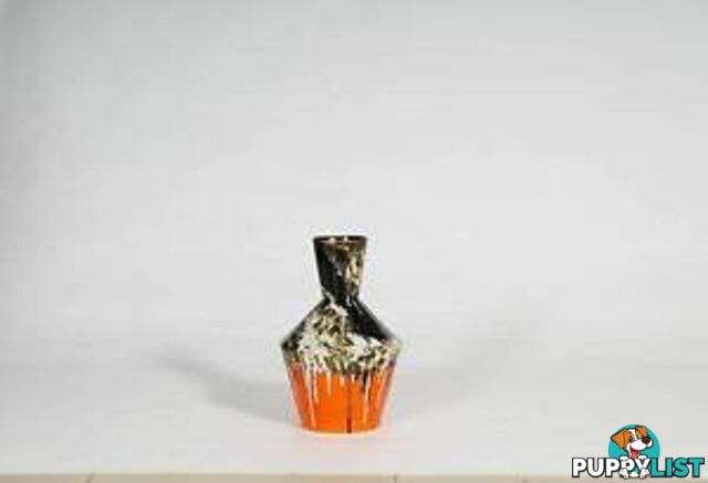 Large Textured Vintage Black And Orange Vase, Drip Painting