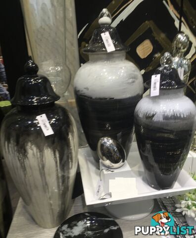 Large Handpaintned Glass Vase: Black And White Ink