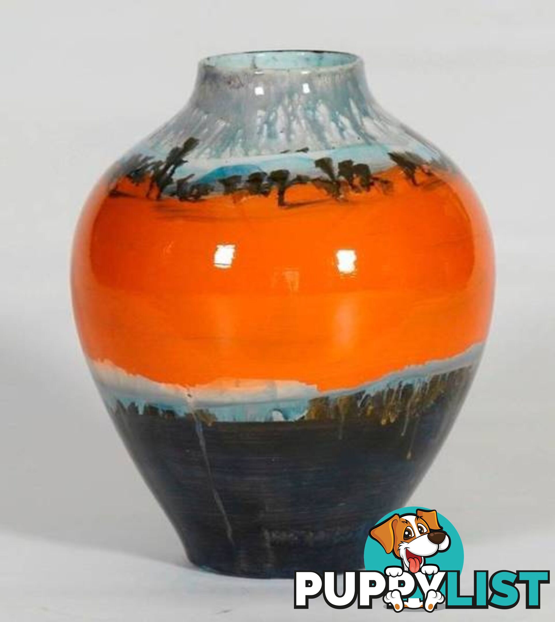 Vintage Handpainted Orange And Black Ceramic Vase