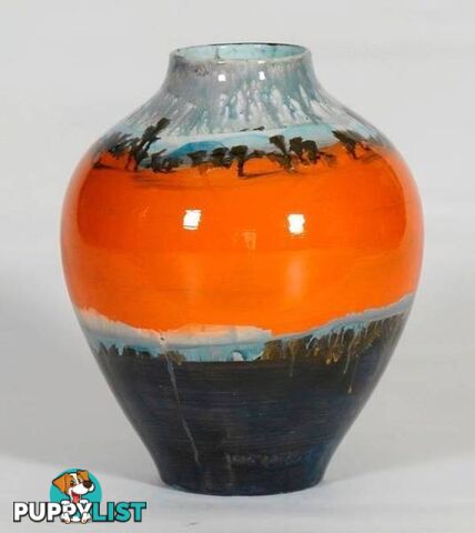 Vintage Handpainted Orange And Black Ceramic Vase