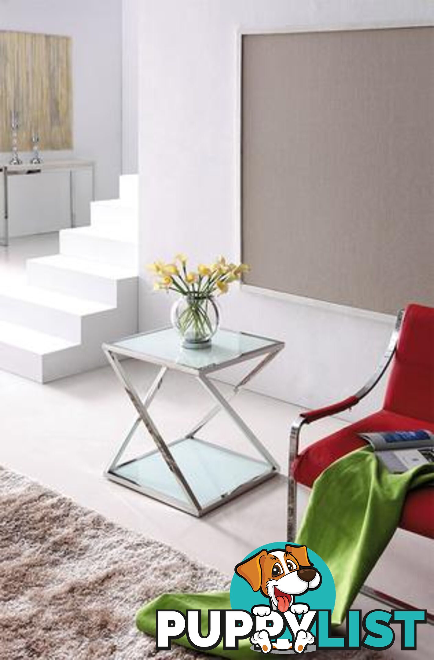 Nela Pollished Stainless Steel Side Table With Black Tempered Glass