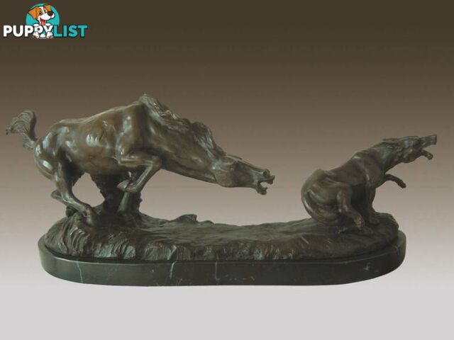 Wild Horse Fights Wolf Bronze Sculpture