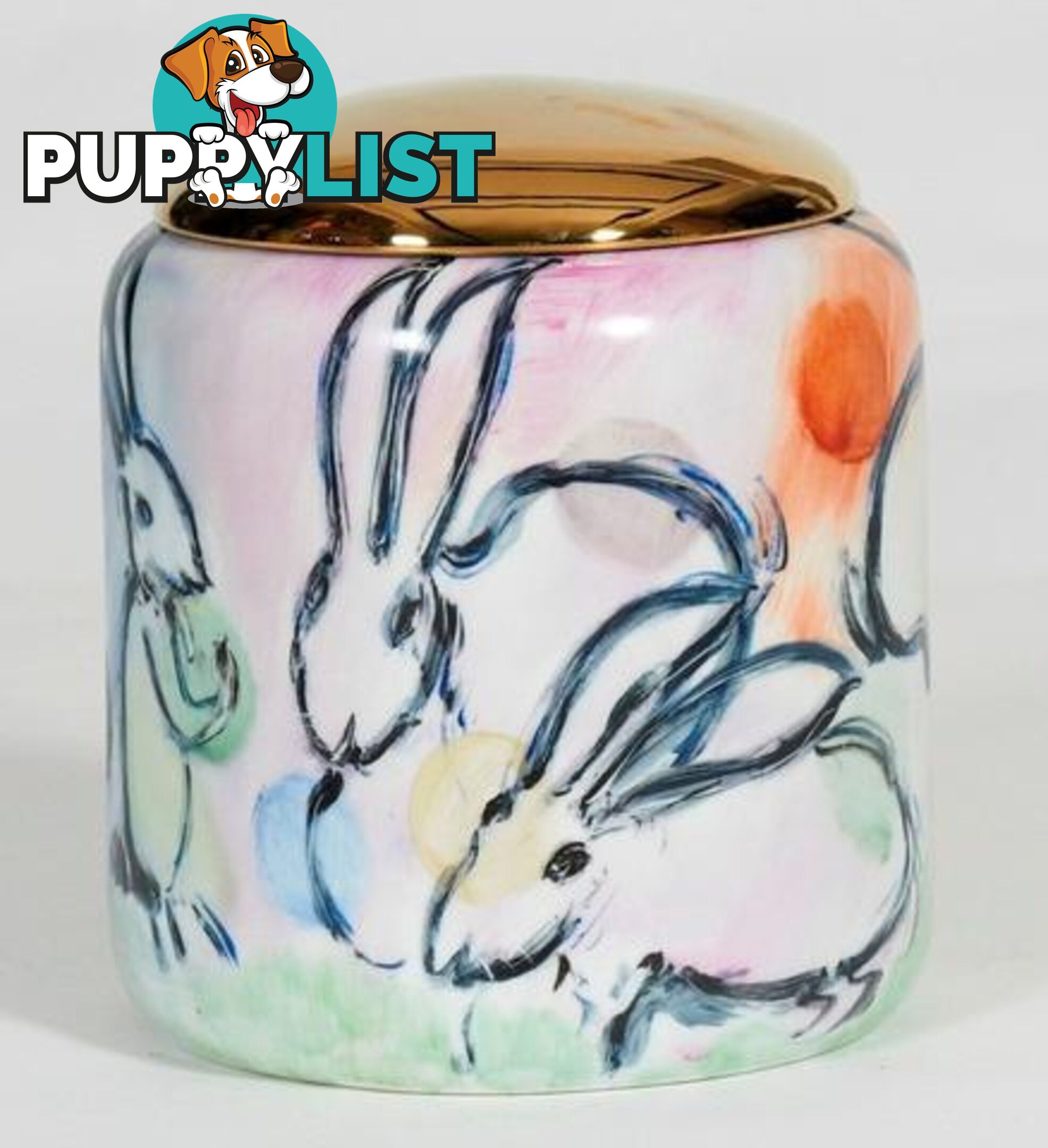 Golden Lid Container: Handpainted Rabits