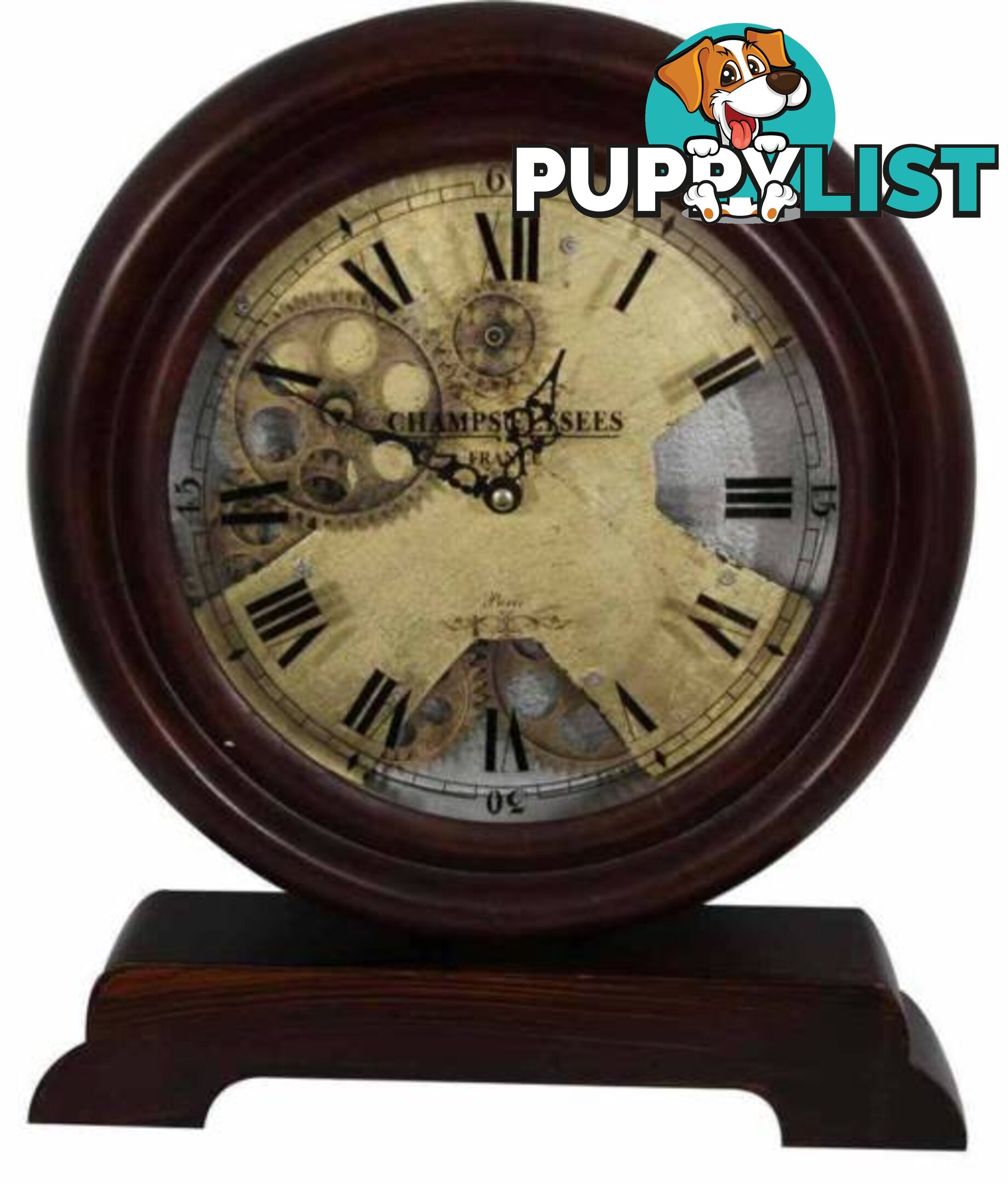 Champs Elysee France Antique Wooden Gear Table Clock