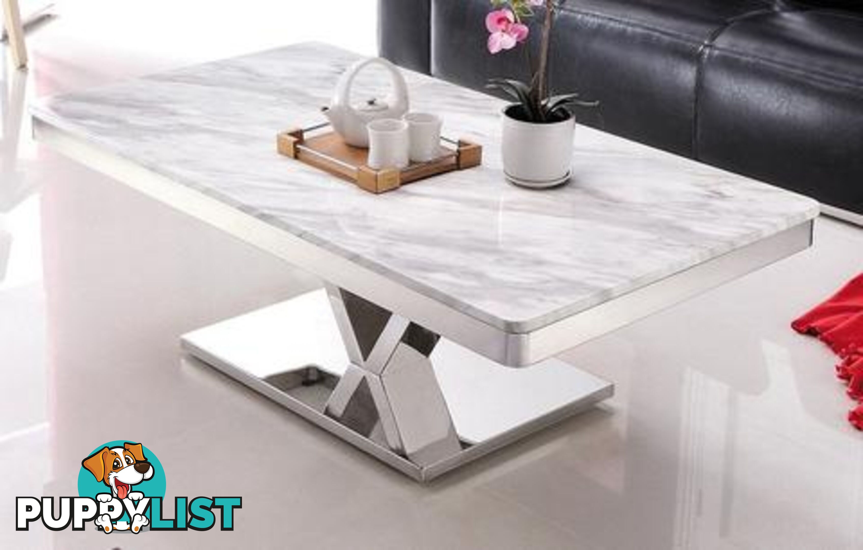 Maral Polished Stainless Steel Coffee Table With Faux Marble Top