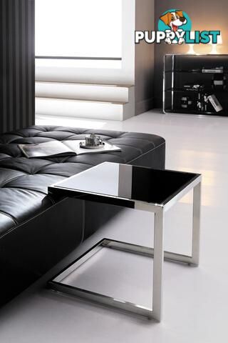 Malie Pollished Stainless Steel Sid Table With Black Tempered Glass.